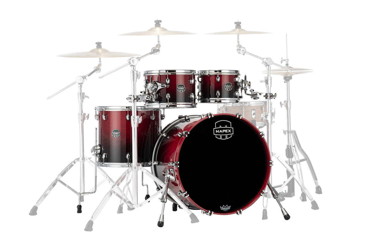 Batterie Mapex Saturn STAGE 22, 4 fûts en érable et noyer, sans accessoires, Scarlet Fade