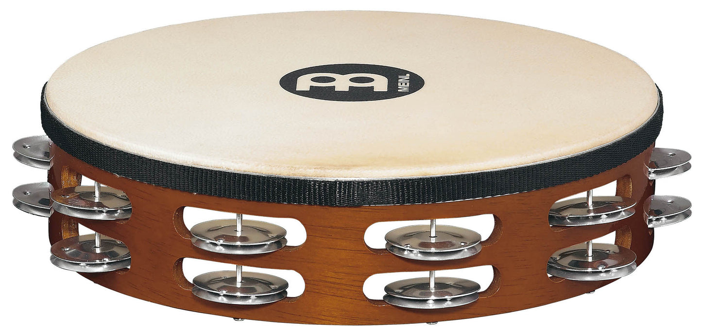 Tambourin bois avec peau de chèvre sélectionnée à la main, 2 rangées de cymbalettes aluminium, African Brown