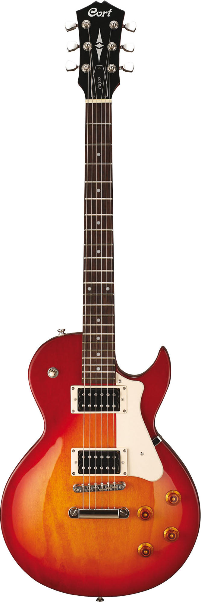 CR100, corps acajou, manche érable, touche jatoba, 2 micros doubles Powersound, chevalet T.O.M., cherry red sunburst