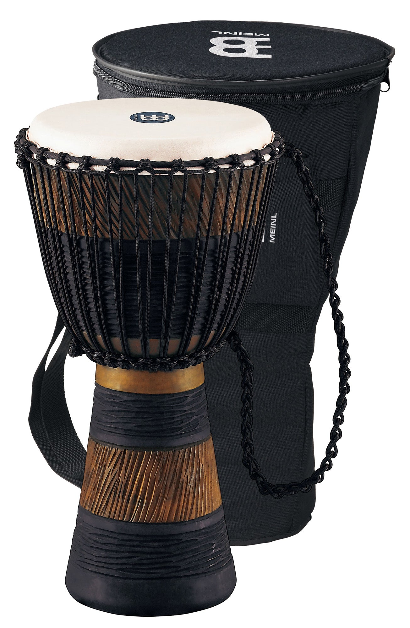 Djembé 10" Earth, acajou, 51cm, peau chèvre, cordage nylon 4mm, décorations gravées main, avec housse pro MDJB-S, brun/noir