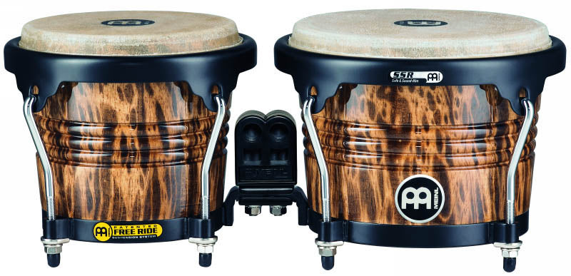 Paire bongos 6"3/4 & 8", hévéa, peaux buffle, suspension Free Ride, crochets 8mm, cercles 2mm, accast. noir, Leopard Burl bril