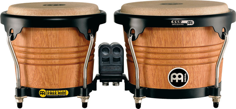 Paire bongos 6"3/4 & 8", hévéa, peaux buffle, suspension Free Ride, crochets 8mm, cercles 2mm, accast. noir, Super Natural mat