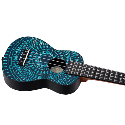 K2SS-BKC, pack ukulélé Soprano Superscale, table agathis design"kaléidoscope", corps ABS galbé, accessoires, bleu satiné