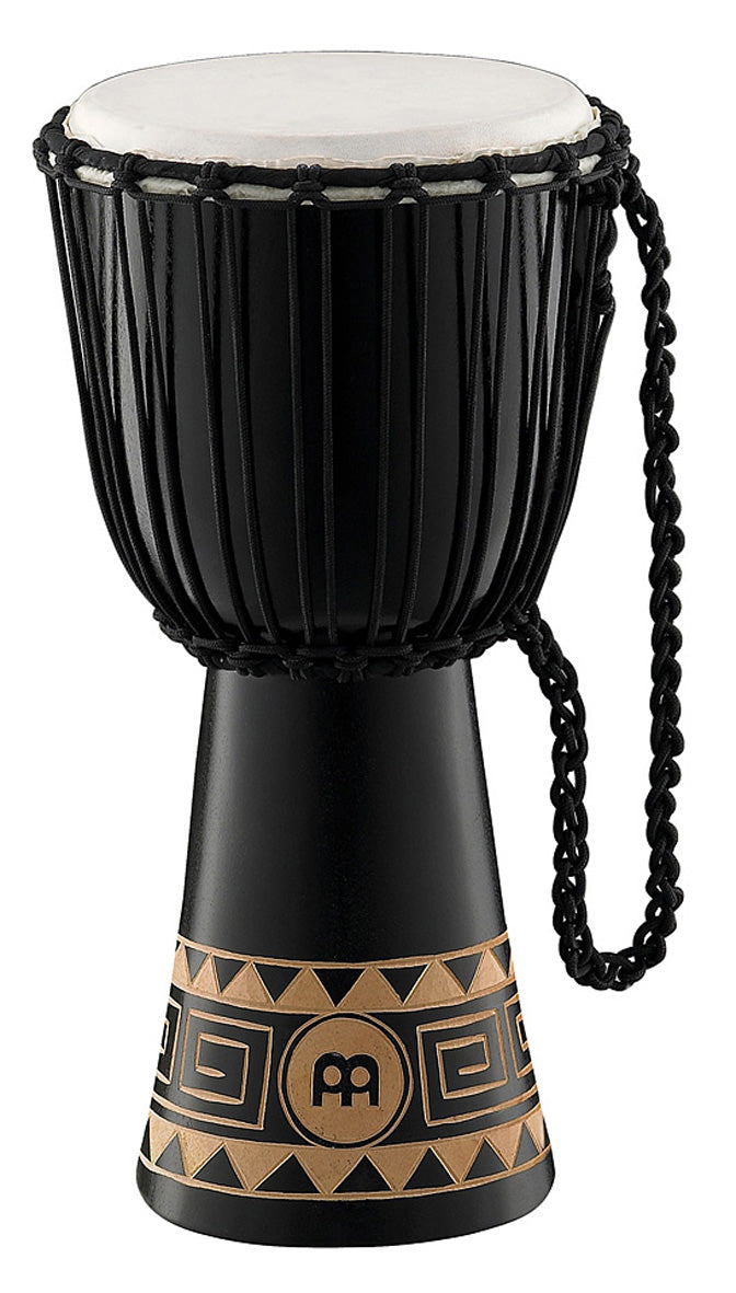 Djembé 10" Congo, acajou 1 pièce, 51cm, peau chèvre sélectionnée, cordage nylon 4mm pré-étiré, ornements creusés, brun foncé