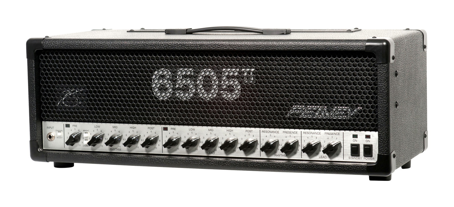 Tête amplifiée à lampes 120W, 2 canaux, EQ 3 bandes, contrôles"Resonance" et"Presence", 2 sorties jack, finition noir