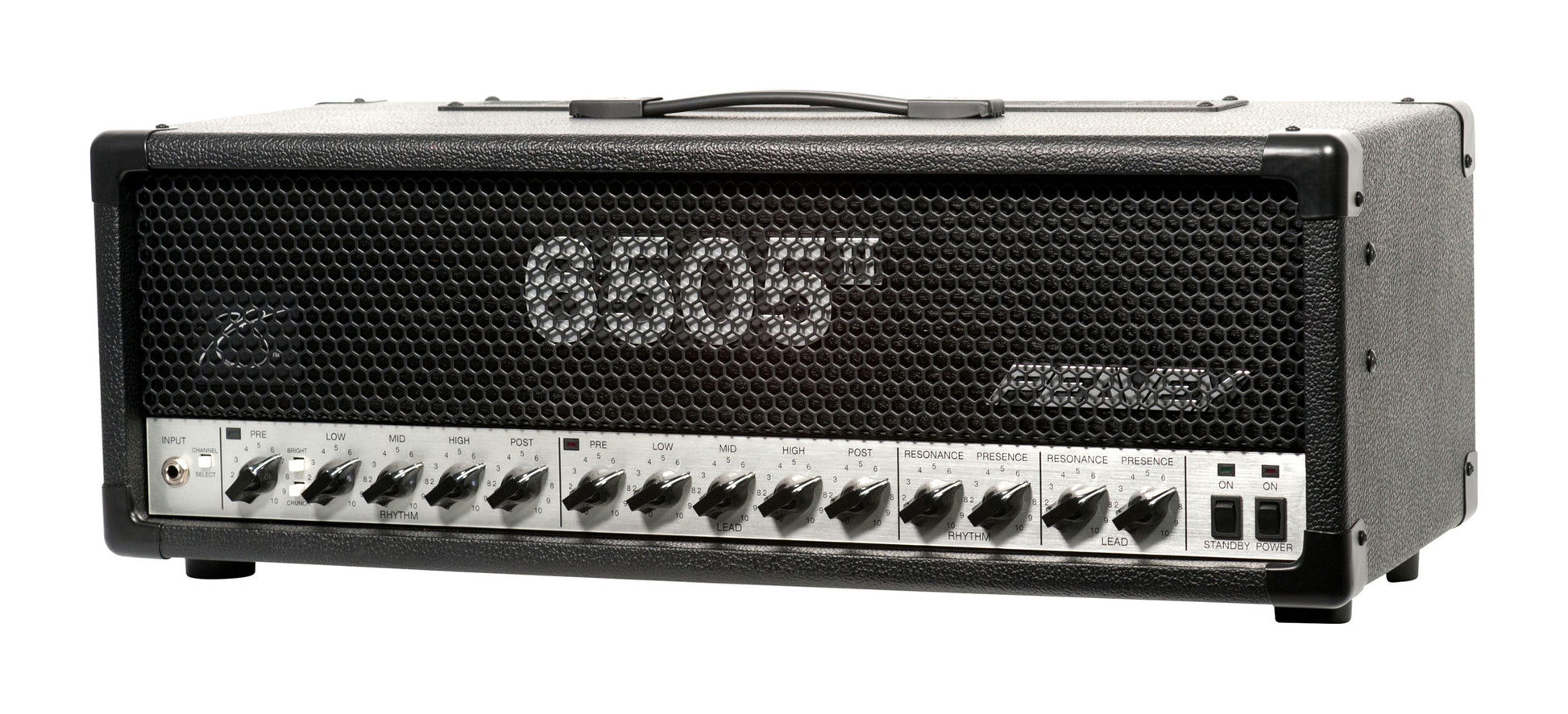 Tête amplifiée à lampes 120W, 2 canaux, EQ 3 bandes, contrôles"Resonance" et"Presence", 2 sorties jack, finition noir