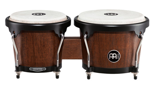 Paire bongos 6"3/4 & 8", fûts hévéa, peaux buffle, crochets 8 mm, cercles arrondis 2mm, accast. noir poudré, Vintage Wine Barrel