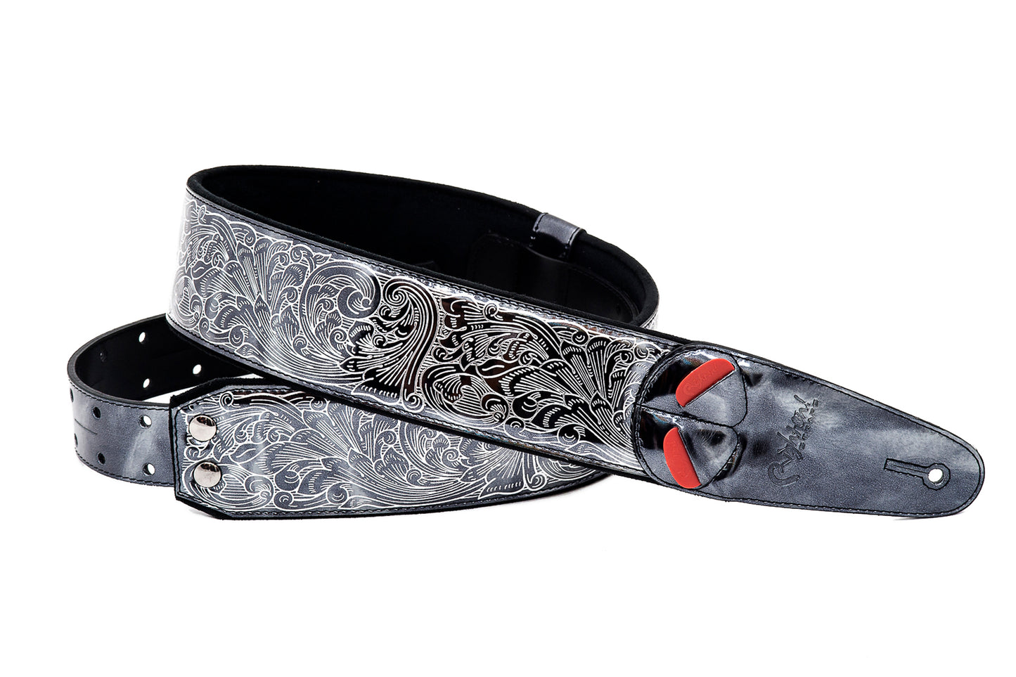 Courroie modèle REVOLVER, extérieur synthétique, largeur 6 cm, longueur 100 à 145 cm, porte-médiators intégré, titanium