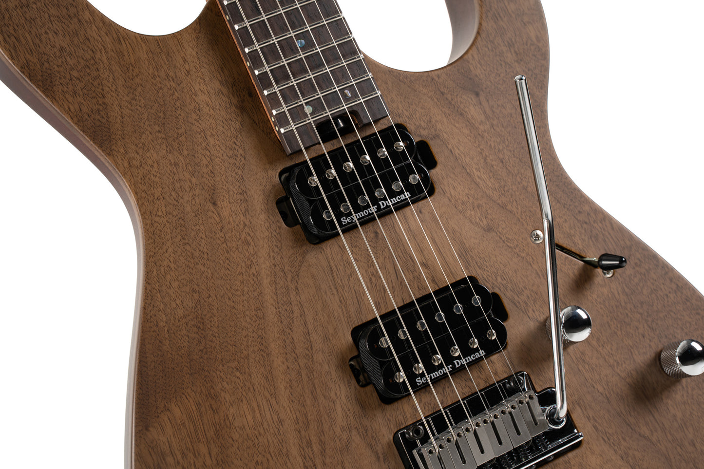G300 RAW, corps acajou chambré, table noyer, manche acajou, touche palissandre, 2 micros Seymour Duncan, naturel satiné