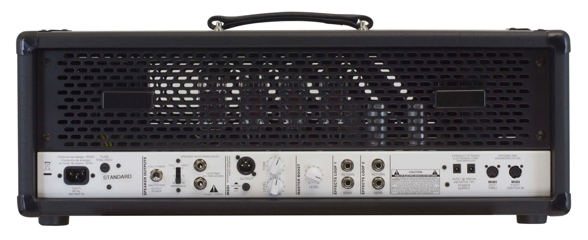 Tête amplifiée à lampes 120W, 3 canaux, EQ 3 bandes, Gate, Boost, développé en collaboration avec Misha Mansoor, finition noir