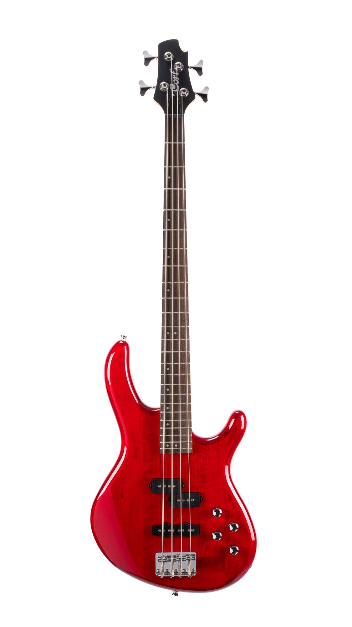 Action Plus, 4 cordes, corps peuplier, micros PJ Powersound, EQ active 2 bandes, rouge translucide