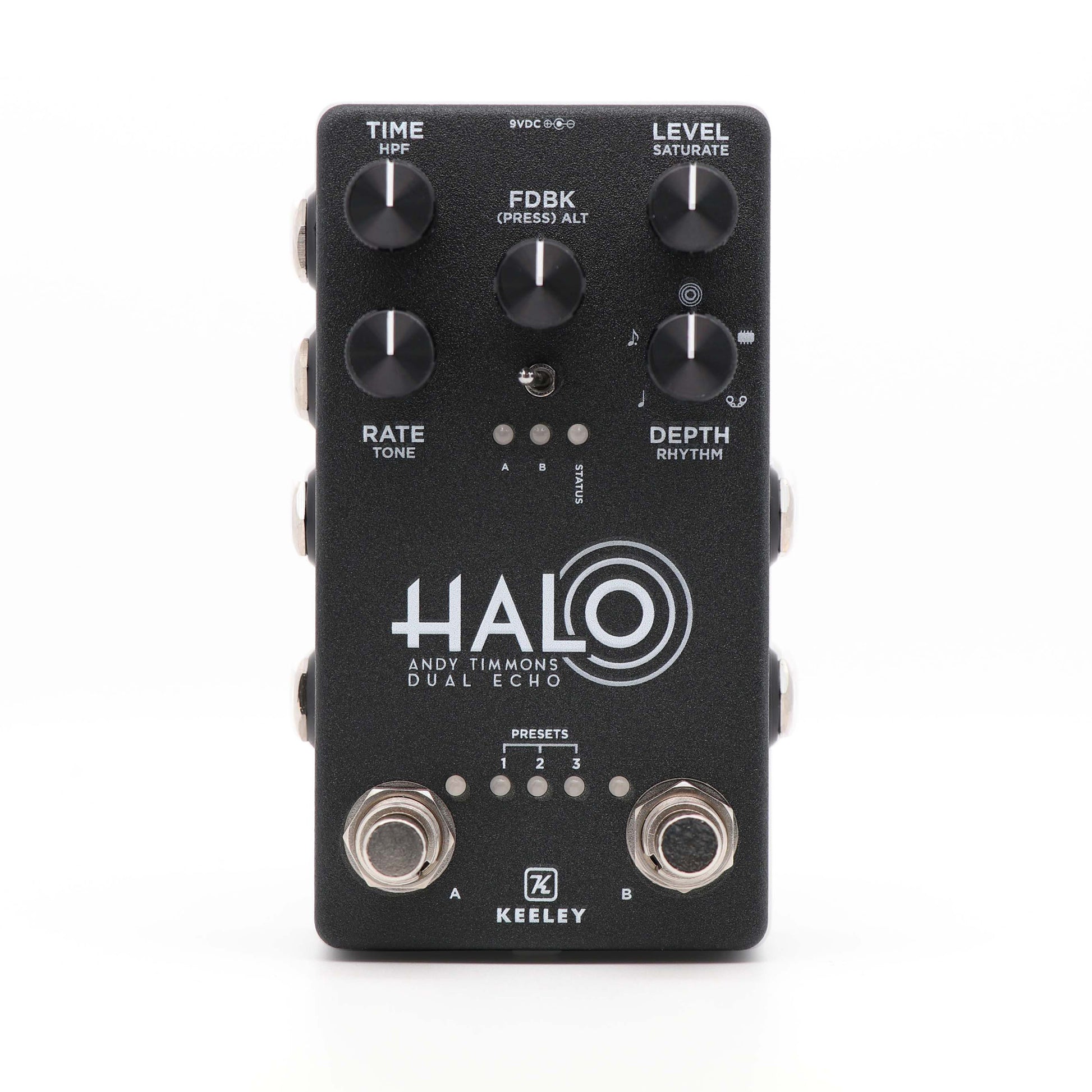 Pédale HALO, Andy Timmons Dual Echo, délai stéréo 5 modes, entrée pour pédale d'expression, boitier métal, gris
