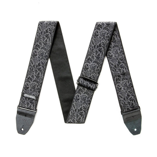 Courroie jacquard modèle BLACK THISTLE, extrémités cuir, largeur 5 cm, noir et gris