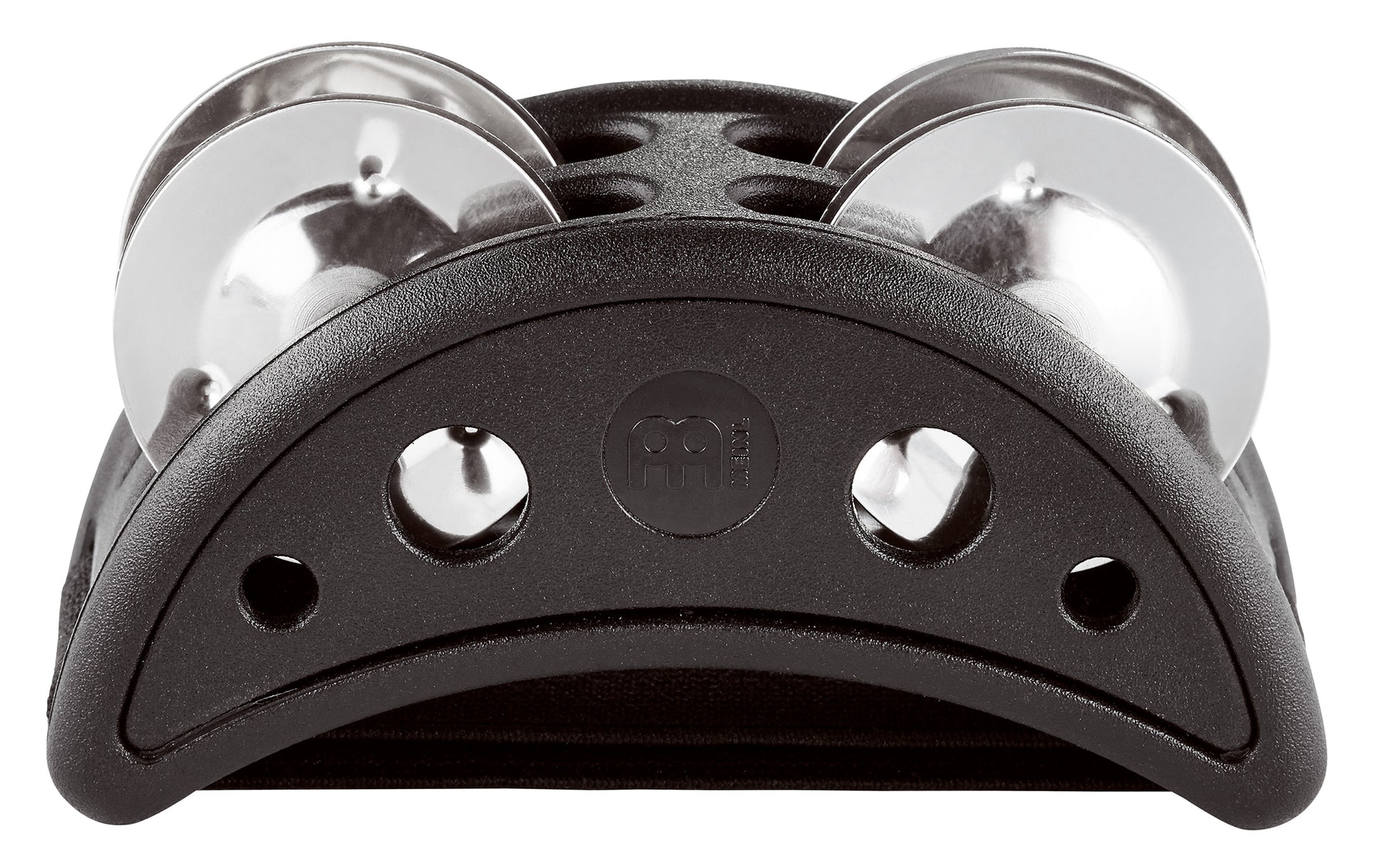 Tambourin pour pied compact, corps synthétique, cymbalettes inox, lanière élastique, mise en place facile, ergonomique, noir
