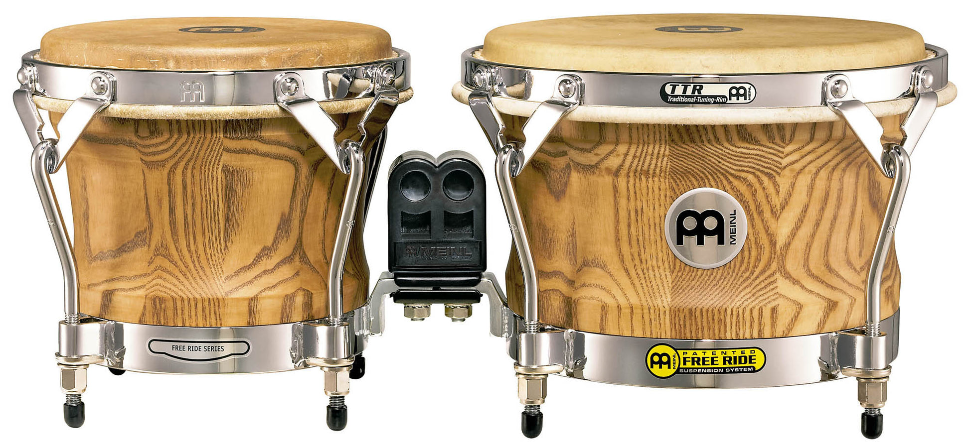 Bongos pro Woodcraft 7&9", frêne, peaux True Skin, susp.Free Ride, crochets 8mm, cercles TTR 5mm, accas.chromé, frêne zébré mat
