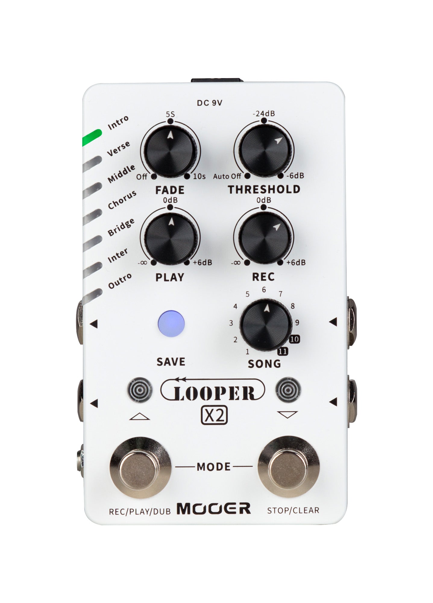 Pédale LOOPER X2, looper stéréo, 11 banques SONG avec 7 presets chacune, jusqu'à 300 minutes d'enregistrement, blanc