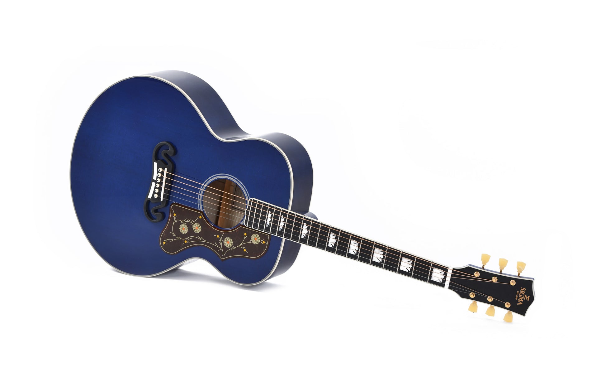 Modèle GJA-SG200-RBL, édition spéciale, Grand Jumbo, table épicéa massif, f/e érable flammé, EQ Fishman, soft case, bleu royal