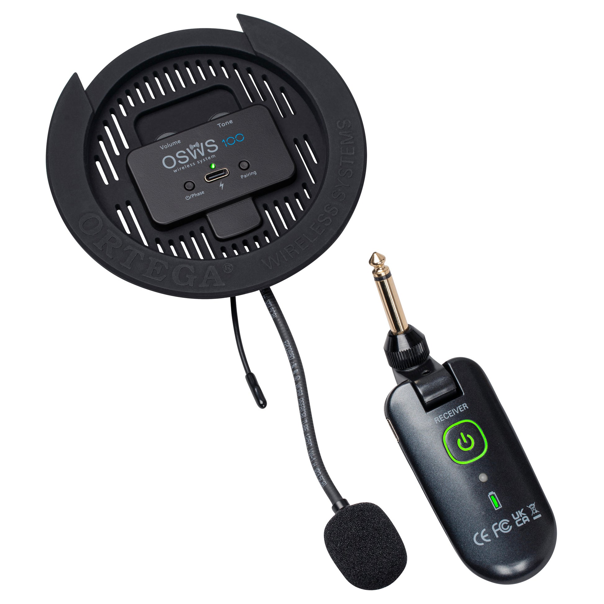 OSWS100, système de micro sans fil pour guitare acoustique (rosace 100 mm), micro col de cygne, avec récepteur sans-fil, noir