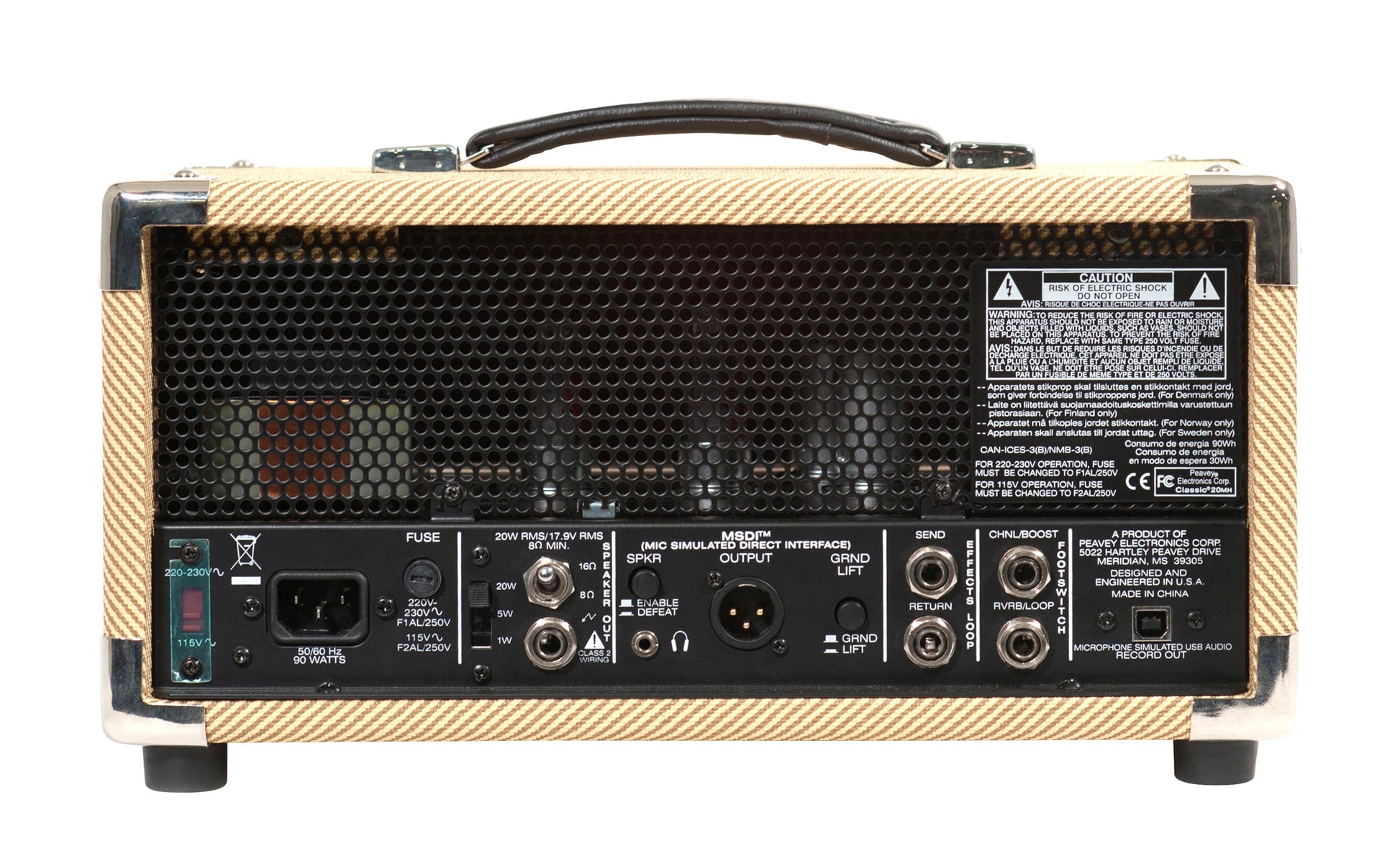 Tête amplifiée à lampes compact 20W, 2 canaux, EQ 3 bandes, Reverb, pédalier inclus, sortie DI, sortie casque, finition tweed