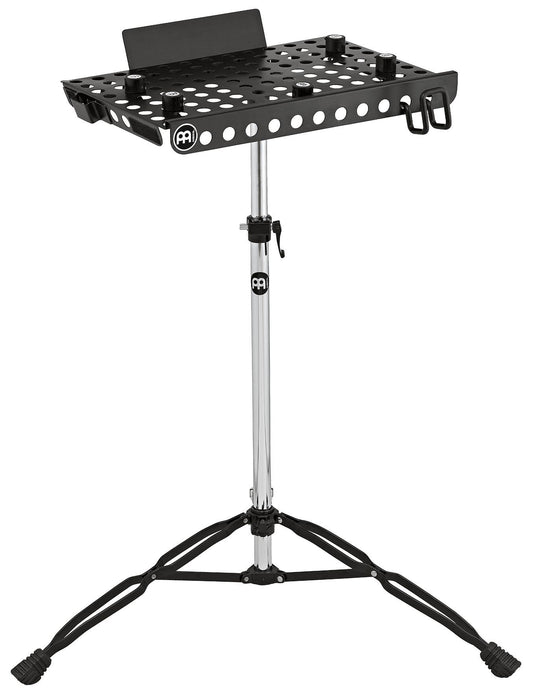 Table ordinateur jusqu'à 17", plateau perforé avec sangle et butées, trépied double embase, hauteur réglable (76 à 119cm), noir