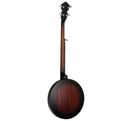 OBJ150, banjo 5 cordes, 18 tirants, fond & éclisses acajou, manche acajou, touche palissandre, whiskey burst satiné