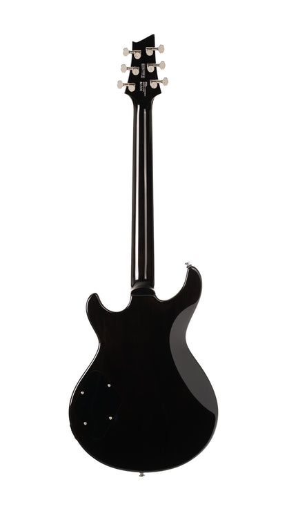 M600, corps acajou, placage érable flammé, manche collé acajou, 2 micros doubles Cort Voiced Tone VTH-59, trans purple burst