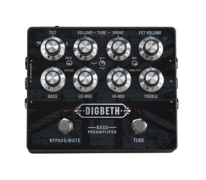 Préampli basse DIGBETH, 2 canaux, préampli type lampe et transistor, EQ 3 bandes, fonction TILT, sortie DI, noir