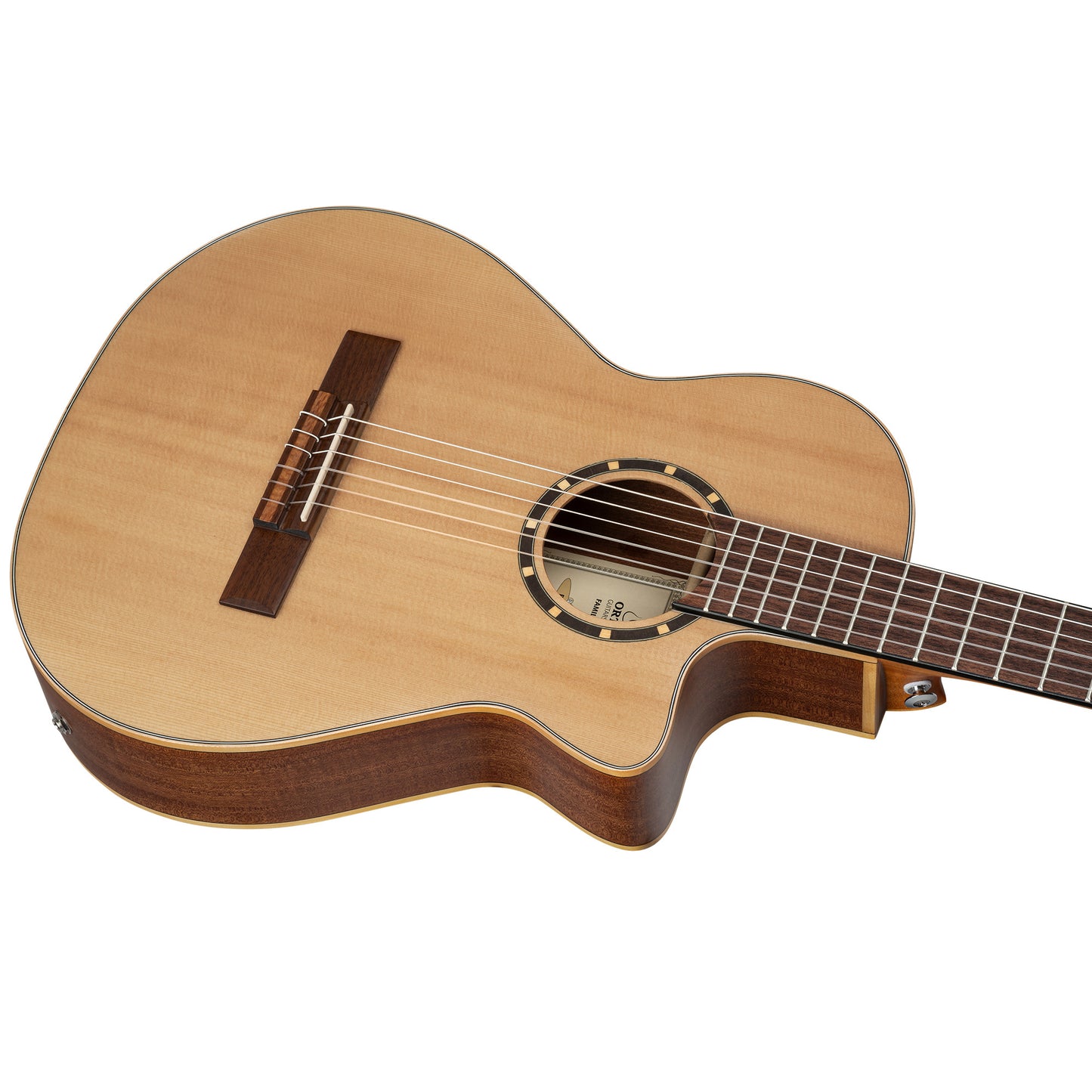 RCE125-34, corps Thinline, pan coupé, EQ Magus X/G, table épicéa, f/e acajou, sillet 45 mm, housse, naturel satiné
