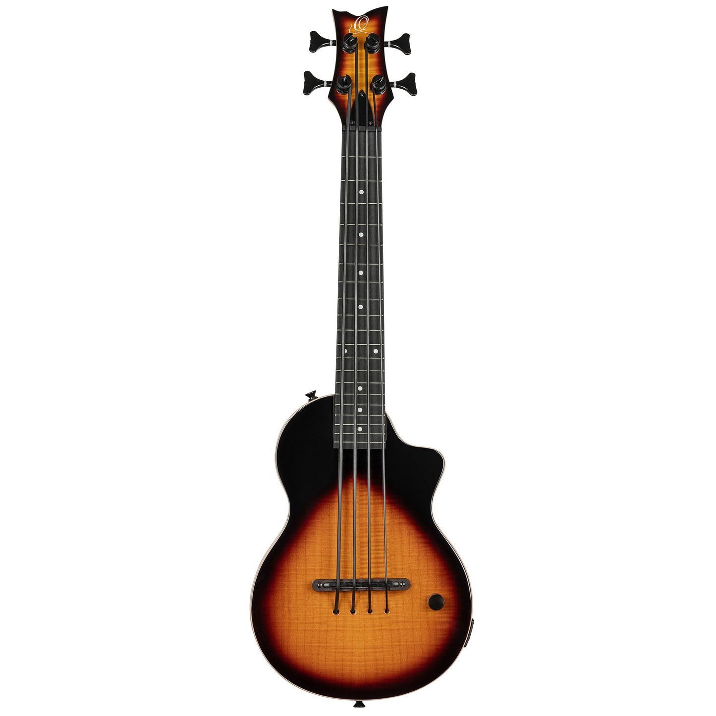 NEO-BS-TSB, modèle Ukebass, pan coupé, EQ MagusExpress, table érable flammé, corps okoumé, manche érable, housse, tobacco burst