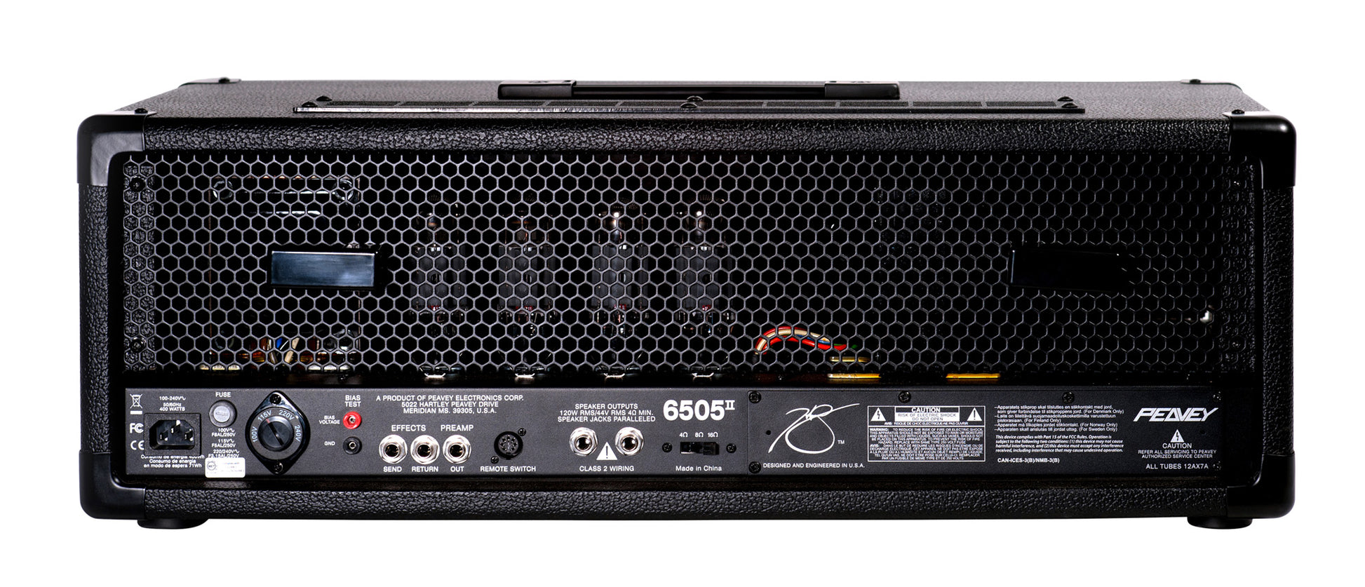 Tête amplifiée à lampes 120W, 2 canaux, EQ 3 bandes, contrôles"Resonance" et"Presence", 2 sorties jack, finition noir
