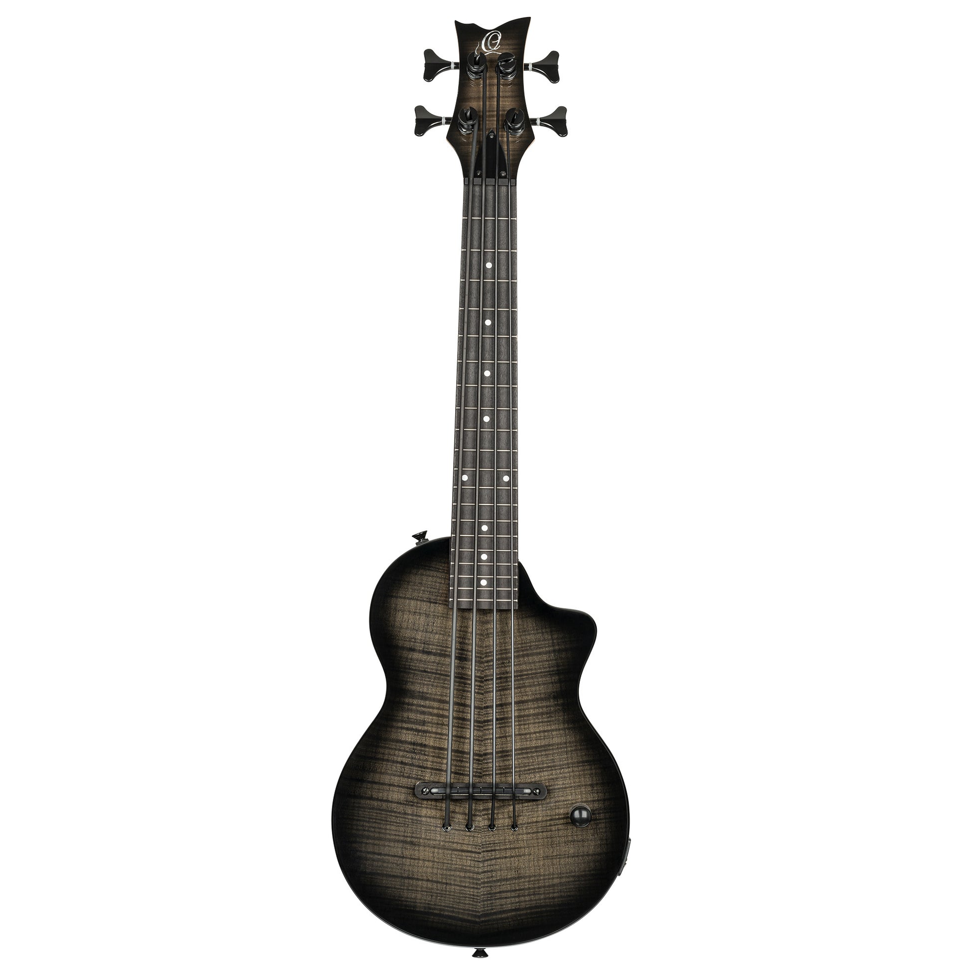 NEO-BS-TGB, modèle Ukebass, pan coupé, EQ MagusExpress, table érable flammé, corps okoumé, manche érable, housse, gris