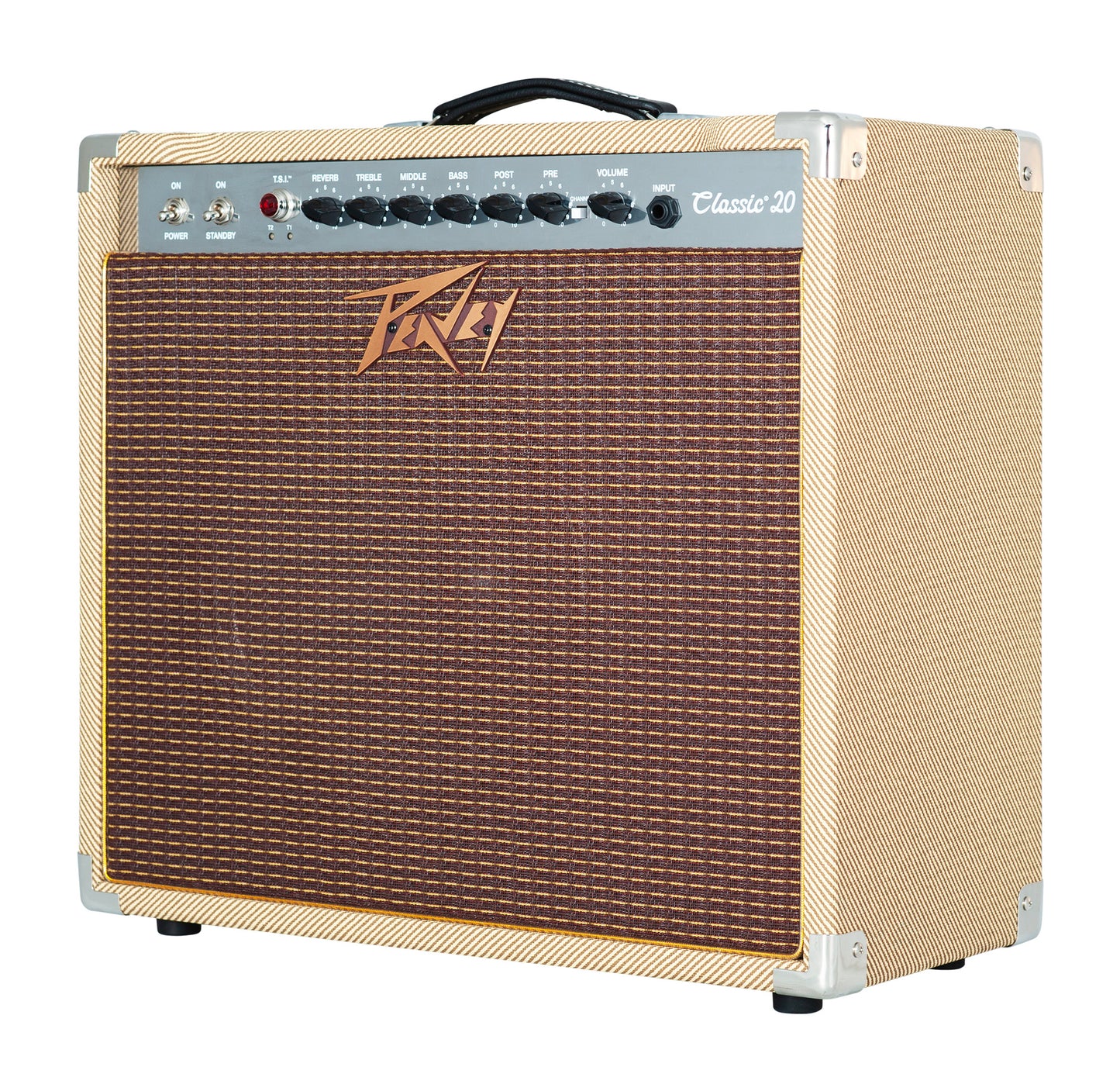 Ampli à lampes 20W, HP 1x 12", 2 canaux, EQ 3 bandes, Reverb intégrée, pédalier inclus, sortie DI, sortie casque, finition tweed