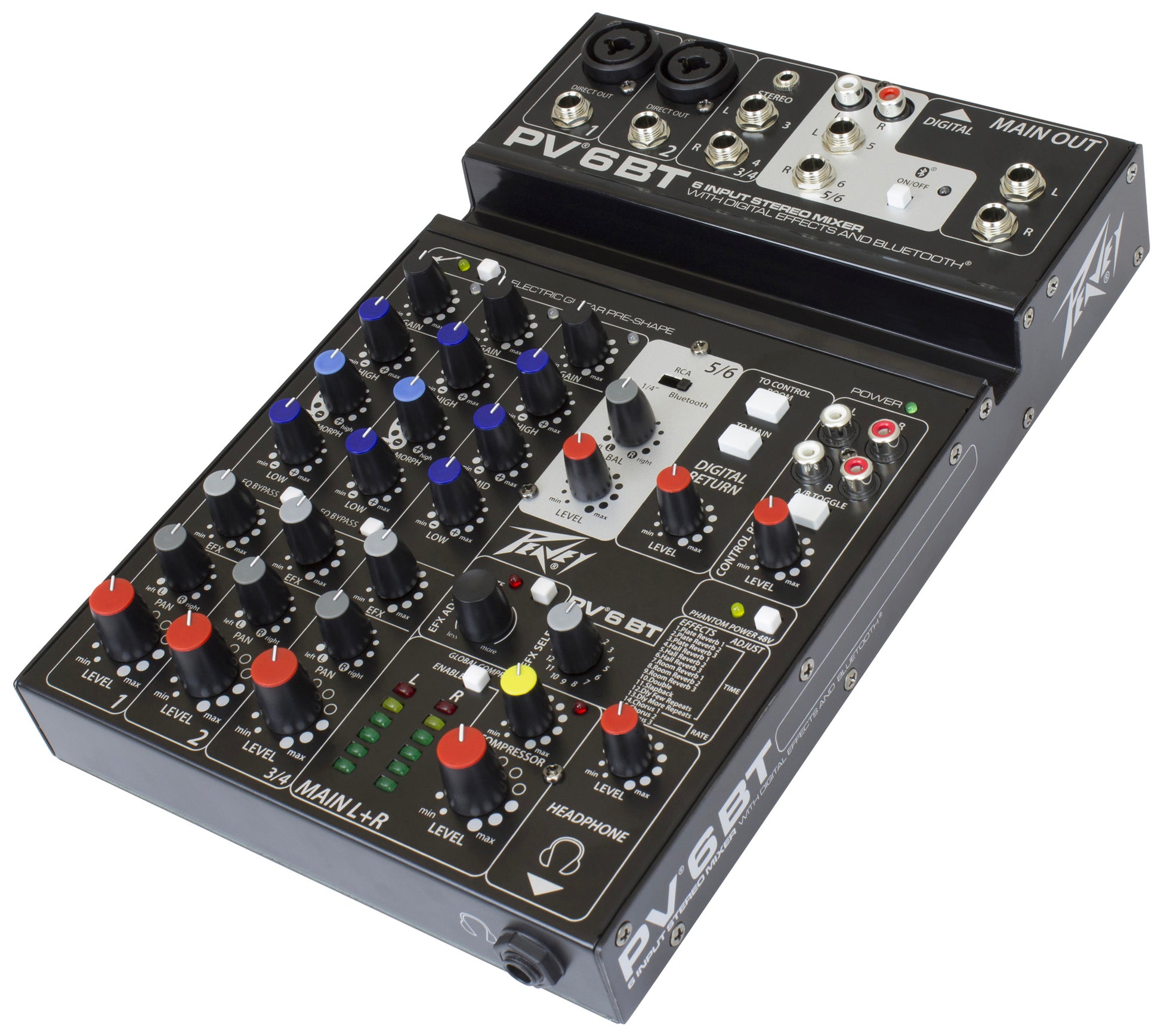 Table de mixage 6 canaux, 2 préamplis micro XLR/Jack, EQ 3 bandes, Bluetooth, effets numériques, entrée guitare Hi-Z, noir