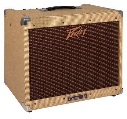 Ampli à lampes 30W, HP 1x 12", 2 canaux, EQ 3 bandes, fonction Boost,"Spring Reverb" intégrée, pédalier inclus, finition tweed