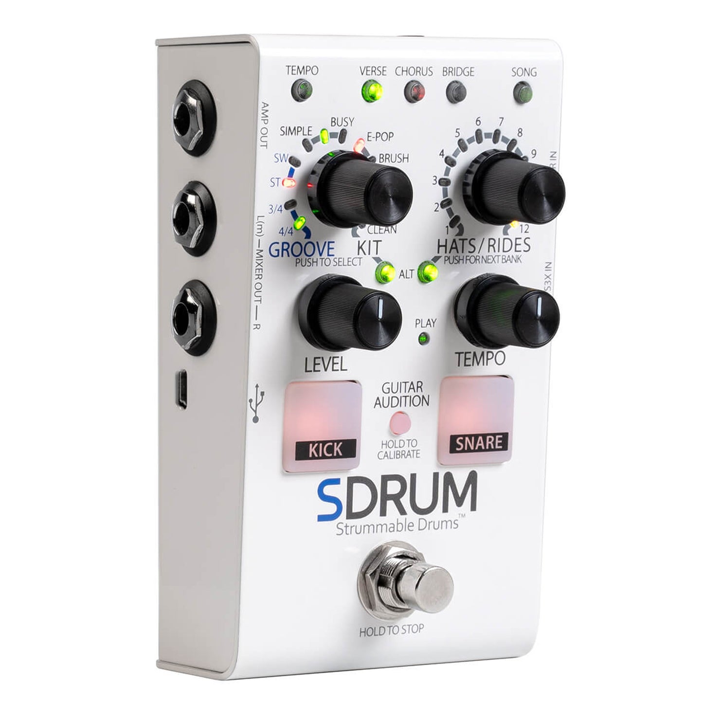 Pédale SDRUM, boîte à rythmes intelligente pour guitaristes et bassistes, 5 kits de batteries différents, blanc