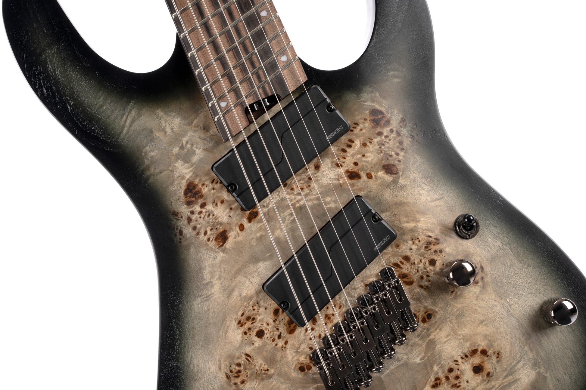 KX507MS, modèle 7 cordes, corps acajou, table peuplier figuré, touche ébène, micros Fishman Fluence, star dust black
