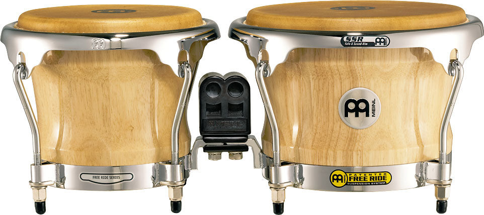 Bongos pro 7 & 8" 1/2, hévéa, peaux True Skin, susp. Free Ride, crochets 8mm, cercles SSR 3mm, accast. chromé, naturel brillant