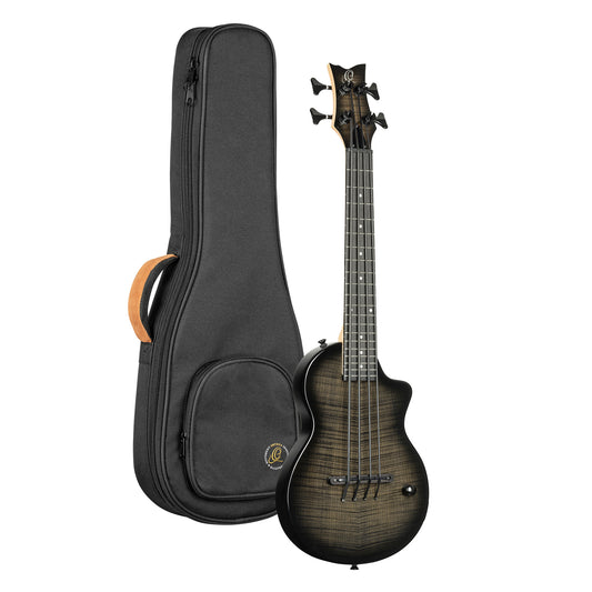NEO-BS-TGB, modèle Ukebass, pan coupé, EQ MagusExpress, table érable flammé, corps okoumé, manche érable, housse, gris