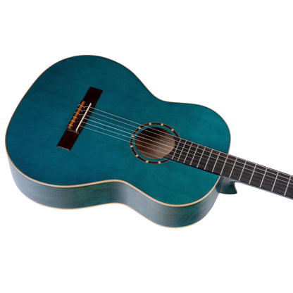 R121SNOC, modèle Slim Neck, table épicéa, fond & éclisses acajou, manche acajou (sillet 48 mm), housse, bleu océan brillant