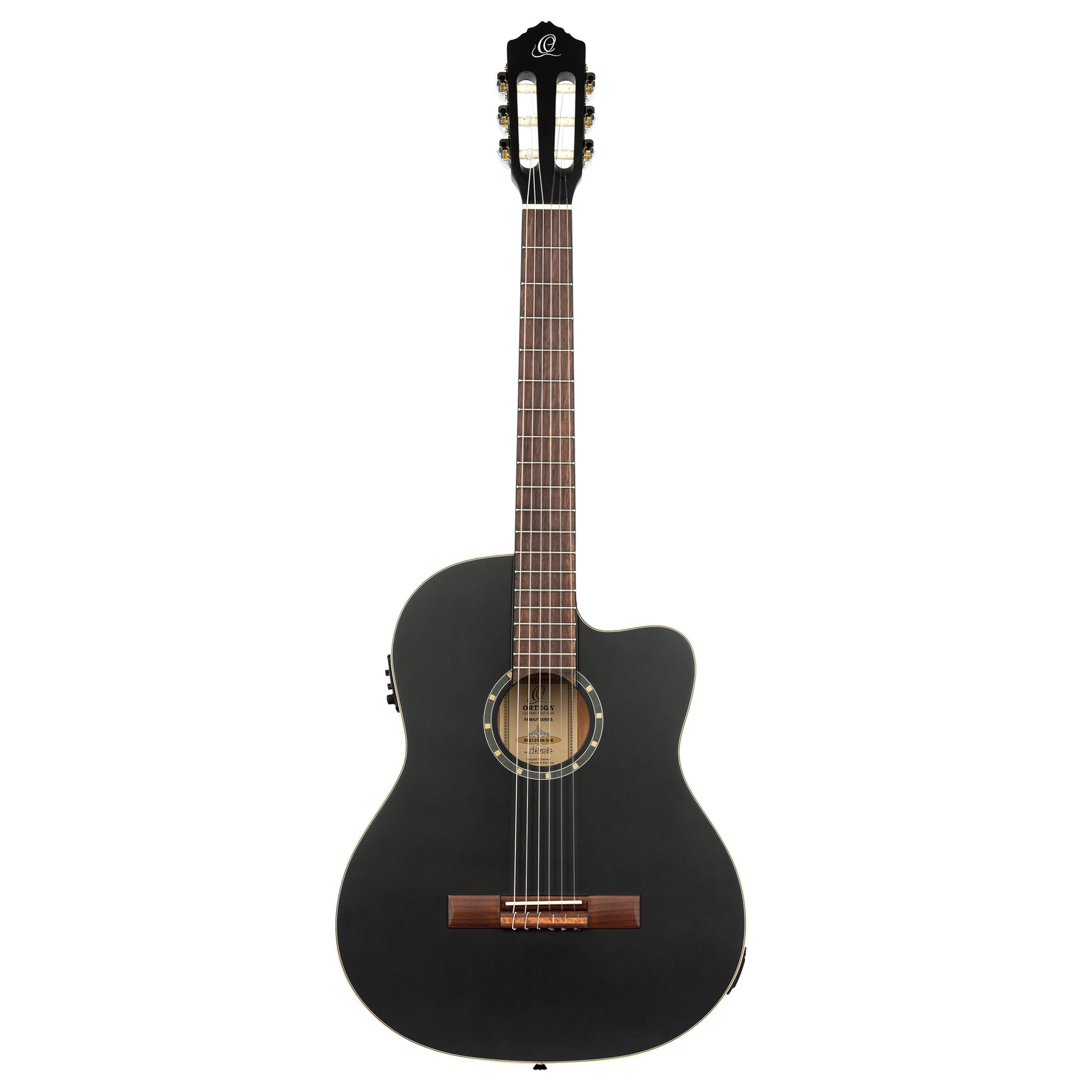RCE125SN, modèle Slim Neck, pan coupé, EQ MagusPro, table épicéa, fond acajou, manche acajou (sillet 48 mm), housse, noir satiné