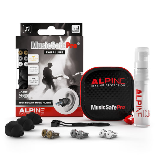 MusicSafe Pro, deux bouchons d'oreilles professionnels et un bouchon de réserve, trois paires de filtres, étui, noir