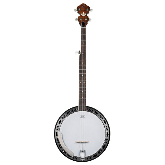 OBJ300, banjo 5 cordes, 24 tirants, fond érable, éclisses acajou, manche acajou, touche palissandre, whiskey burst satiné