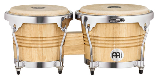 Paire de bongos 6"3/4 & 8", hévéa, peau de buffle, crochets 8mm, cercle arrondis SSR 2mm, accast. chrome, naturel brillant