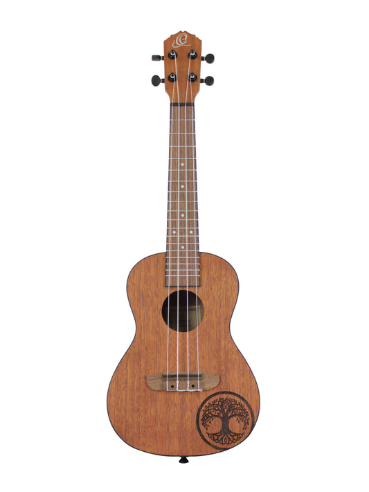 RFEU-5, exclu France, modèle Concert, table acajou motif Tree of Life, fond & éclisses sapele, manche acajou, naturel satiné