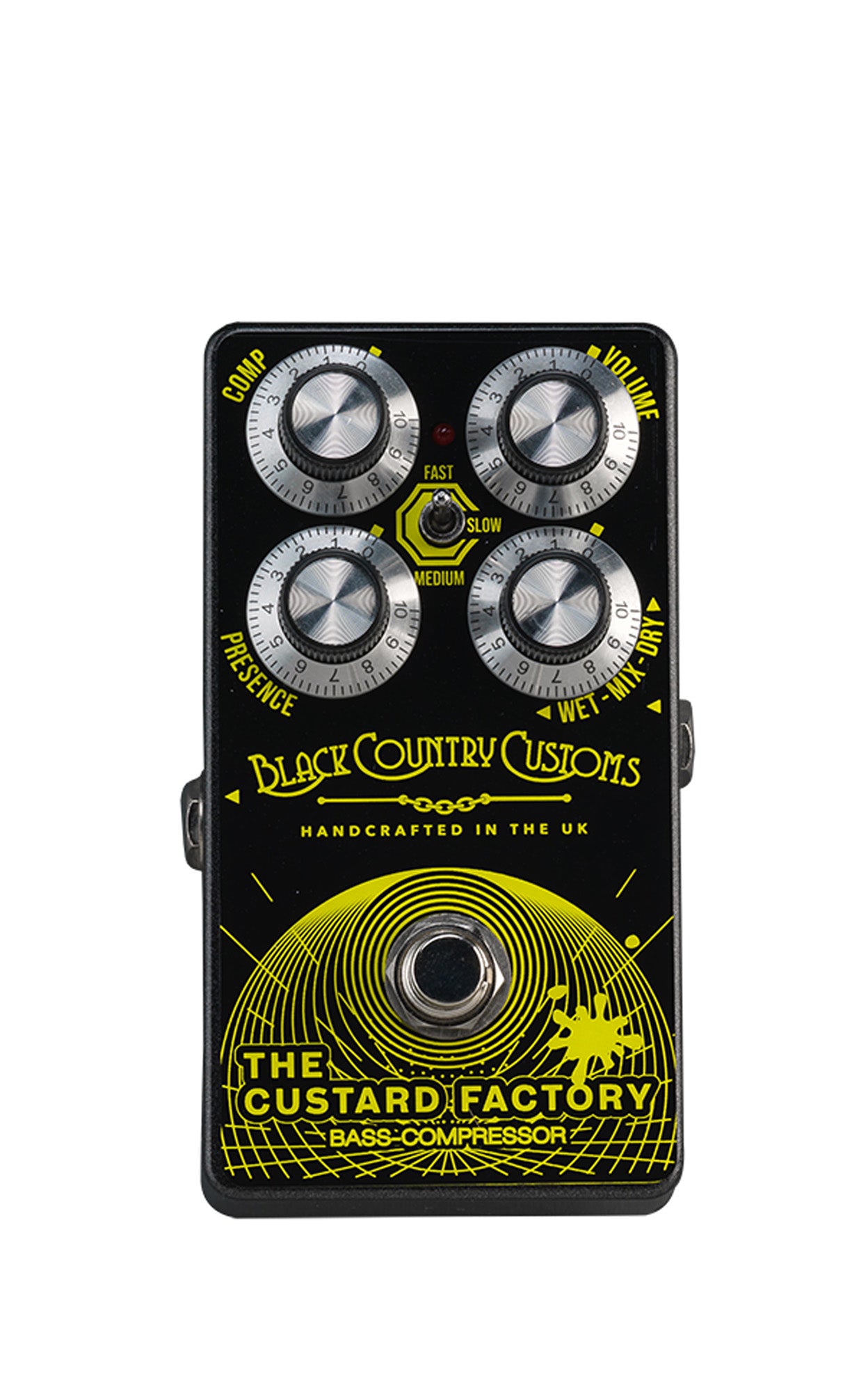 Pédale compression THE CUSTARD FACTORY, 3 modes (Fast/Medium/Slow), noir et jaune