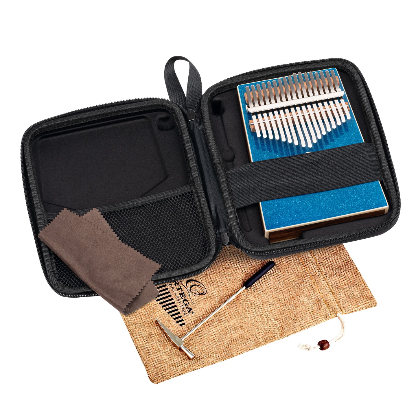 OKB4-MBL, kalimba Ortega série Acoustic, 17 notes en DO majeur, acacia massif, housse, bleu
