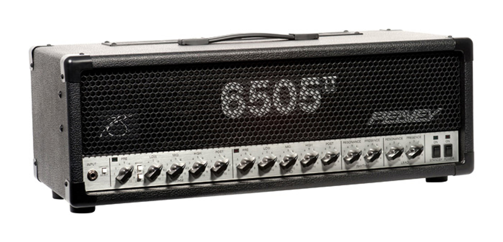 Tête amplifiée à lampes 120W, 2 canaux, EQ 3 bandes, contrôles"Resonance" et"Presence", 2 sorties jack, finition noir
