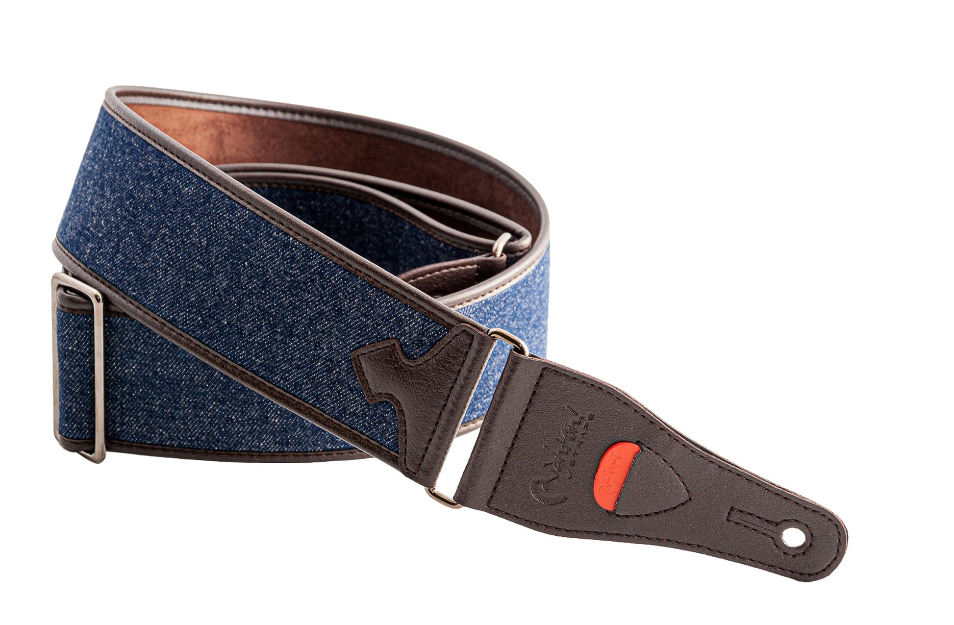 Courroie modèle DENIM, tissu, rembourrée, largeur 6 cm, longueur 95 à 150 cm, porte-médiators intégré, bleu