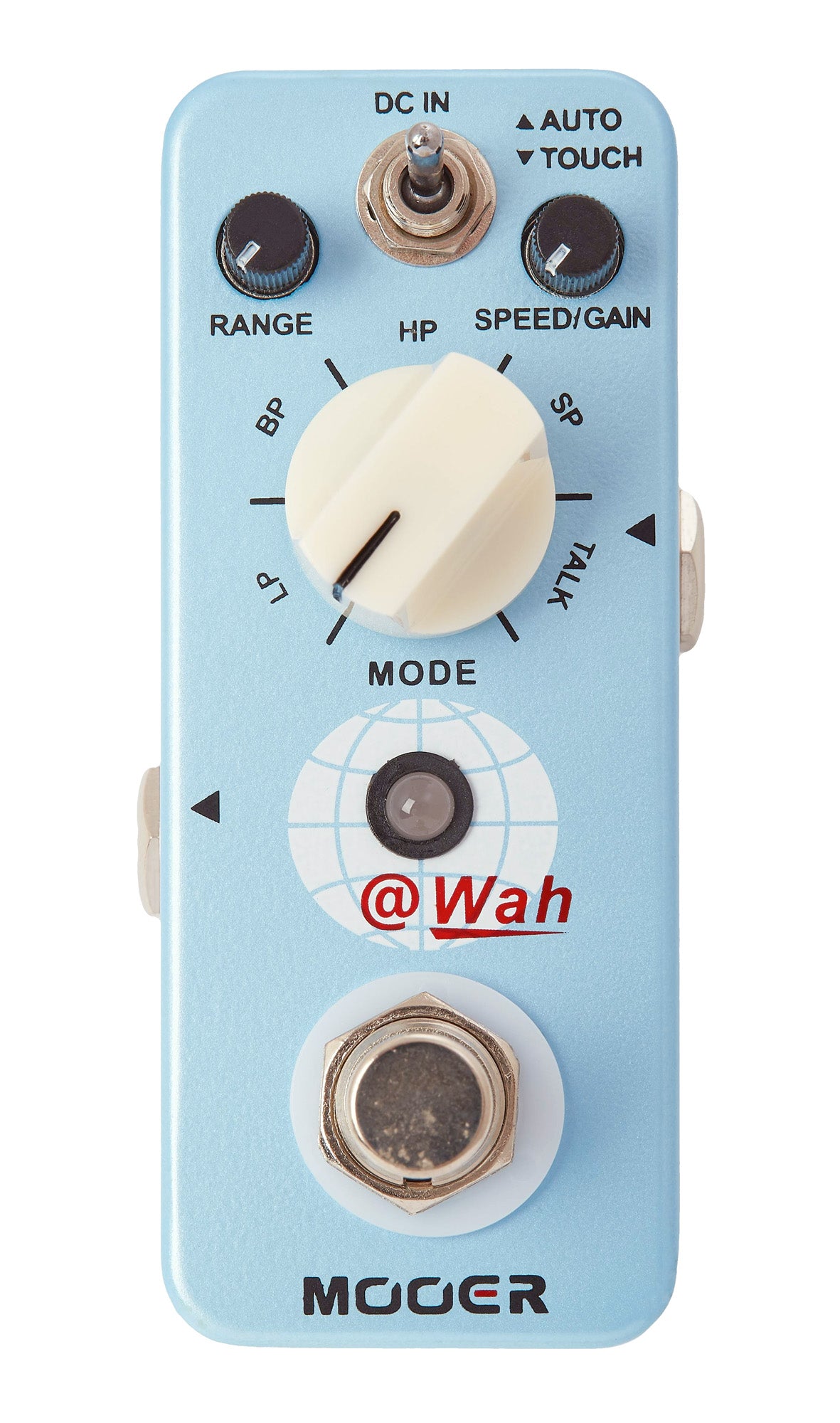 Pédale WAH, wah-wah automatique 2 modes (Auto/Touch), 5 filtres différents, boîtier métal, true bypass, bleu ciel