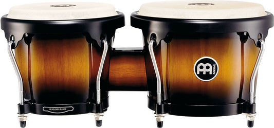 Paire bongos 6" 3/4 & 8", fûts hévéa, peaux buffle, crochets 8 mm, cercles arrondis 2mm, accast. noir poudré, Vintage Sunburst